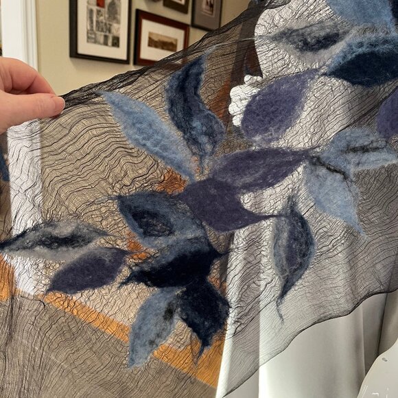 Silk and Felted Wool Scarf - Blues and Black - Picture 12 of 15